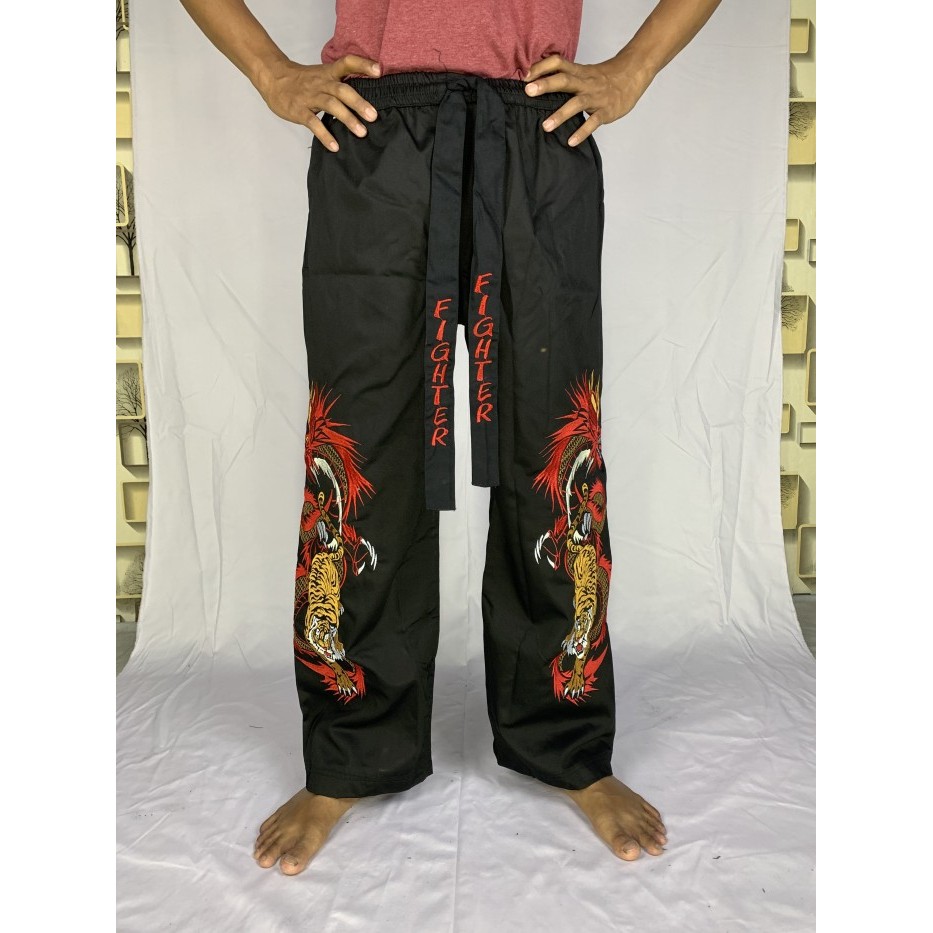 Terbaru.. Celana Silat Celana Komprang Hitam Bordir Naga C72 Pangsi Big Size