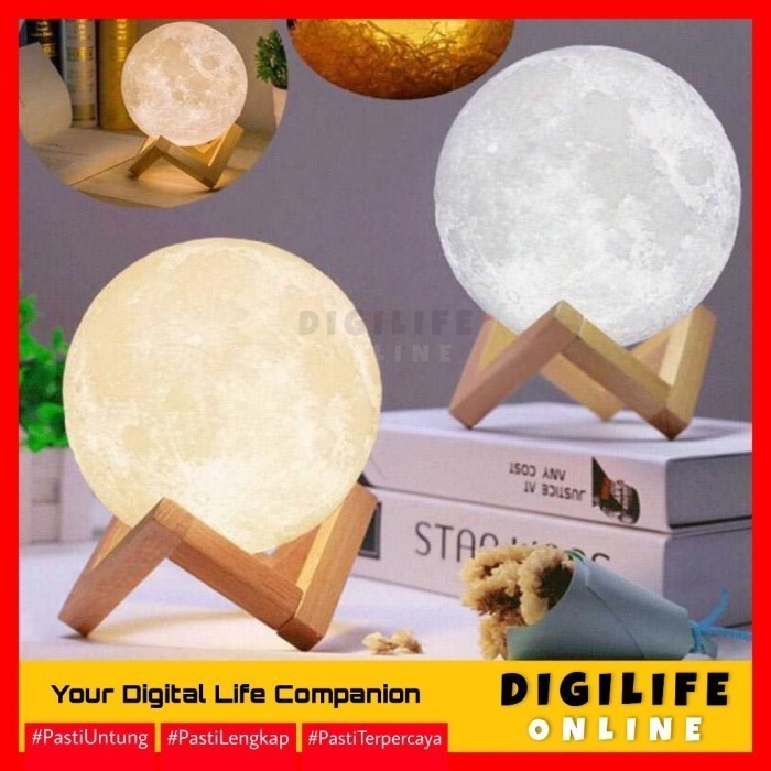 Lampu Tidur Bulan Moon Night Light Lamp 3 Warna Dudukan Kayu D 20 cm