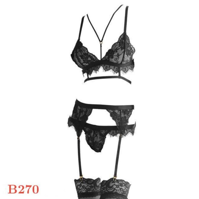 B270 Bra Set Sexy Bikini Bralette Hitam Transparan Hot Garter Stocking