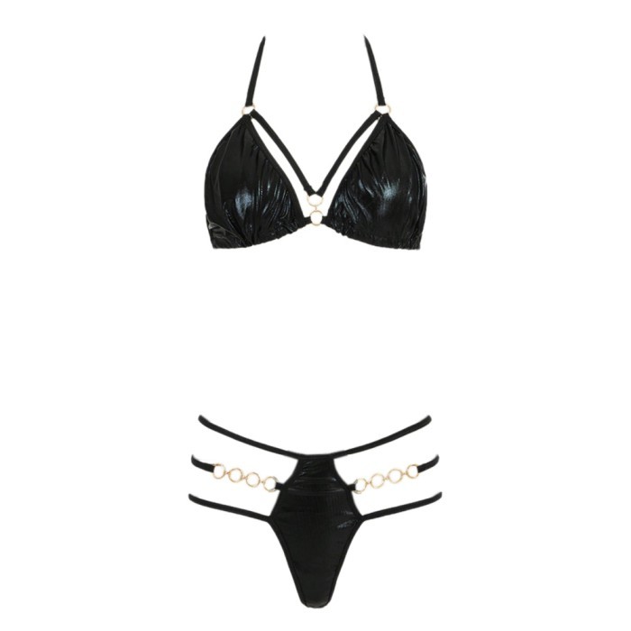 B357 Pakaian Dalam Bra Set Bralette Sexy Hot Bh Halter Ikat Cd Tali 3 Latex Hitam Seksi