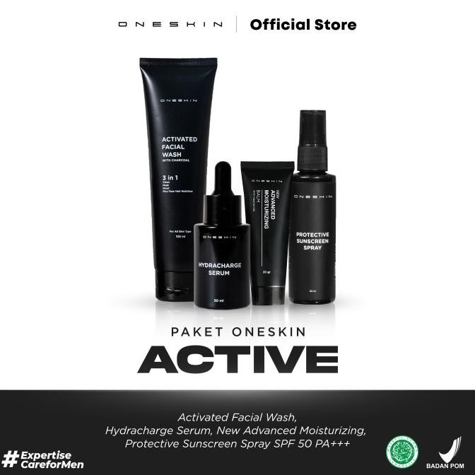 Oneskin Paket Active | Skincare Pria Dengan Perlindungan Maksimal (Facial Wash, Serum, Moisturizer &