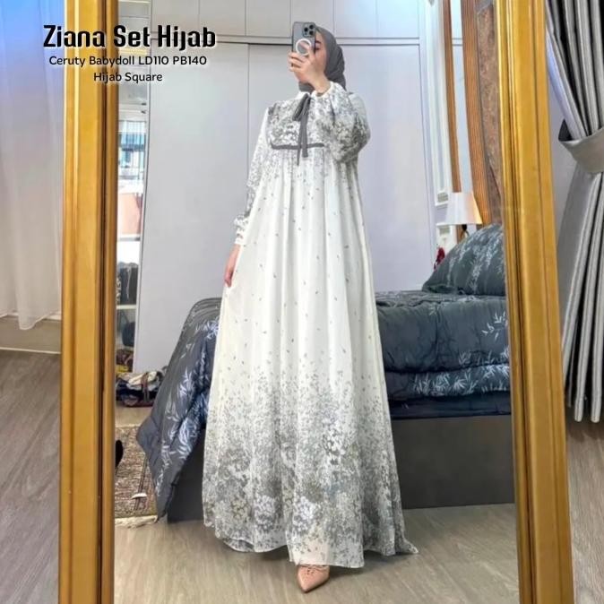 Baju Gamis Wanita Muslim Ziana Set Dress Jilbab Ceruti Motif Cantik Fashion Perempuan Dewasa Remaja 
