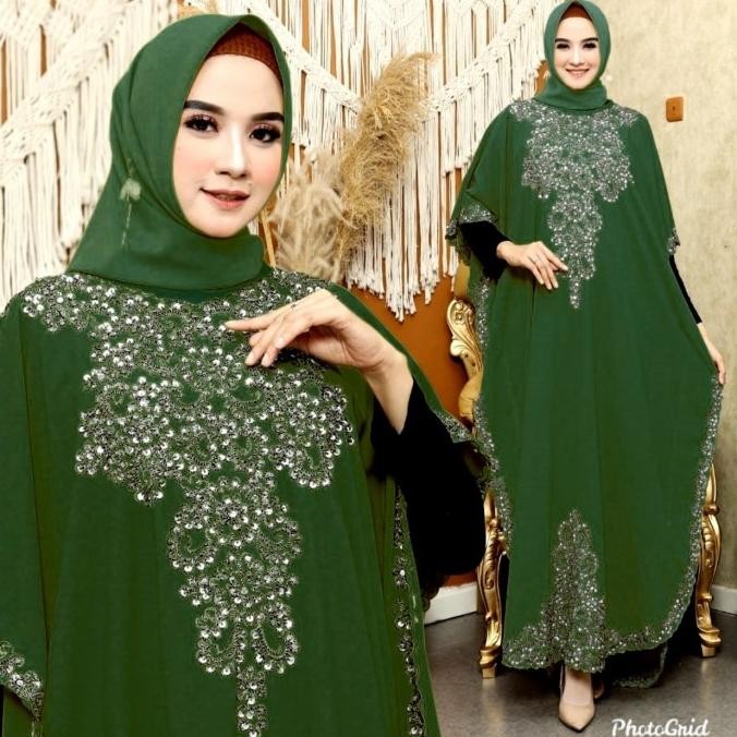 Kaftan gema hijau botol premium baju muslim pesta mewah jumbo gem ktf