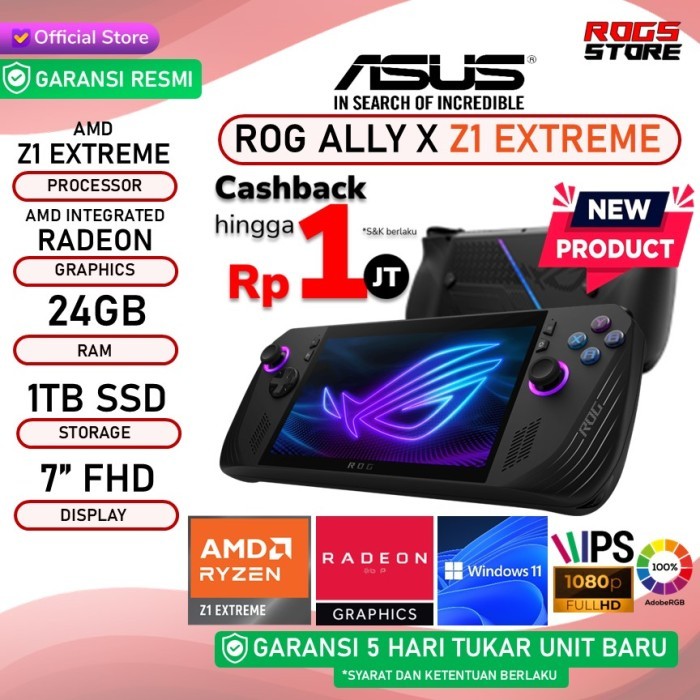 ASUS ROG ALLY X AMD Z1 EXTREME 24GB 1TB W11 7" FHD 120HZ BLK - GARANSI RESMI