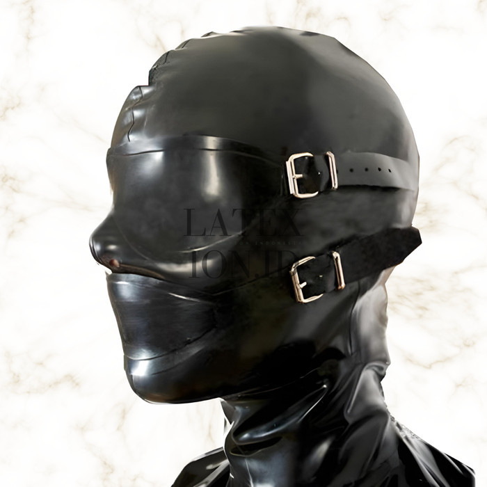 Latexion.id Latex Hood Penutup Mata dan Cetakan Gigi Bola Mulut Female Male Fetish Kepala Rubber