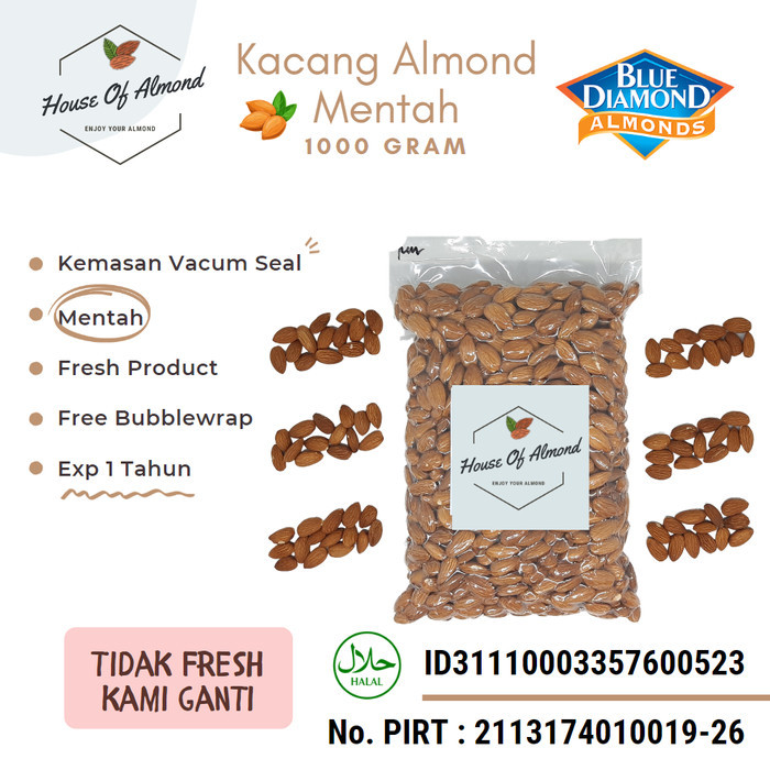 

Natural Whole Raw Almond (Mentah) Kacang Almond Blue Diamond 1000Gram