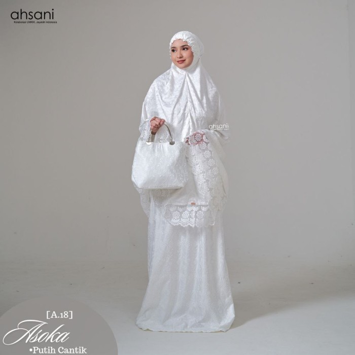 Ready Mukena Dewasa Ahsani Asoka A18 Sutra Bordir Original Jumbo Putih Original