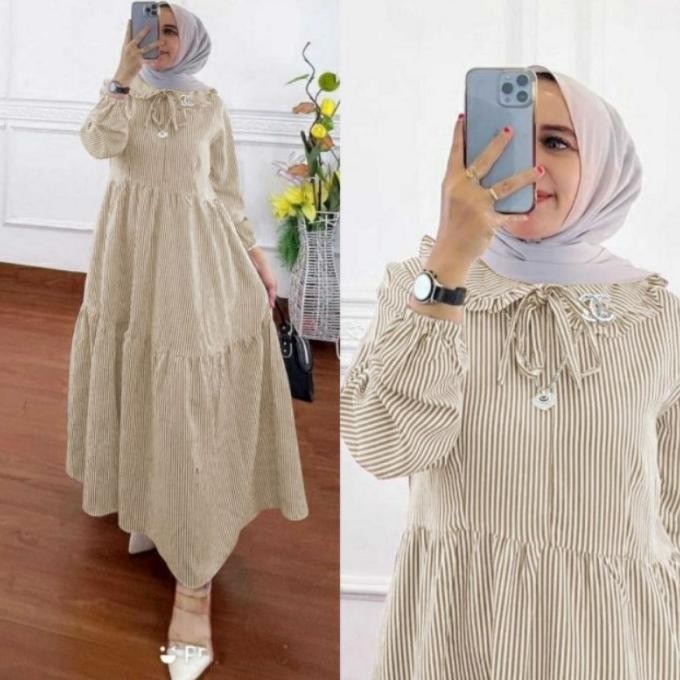 Dress Midi Maxi Salur Wanita Muslim Bahan Salur Katun Import/ Tyara Promo