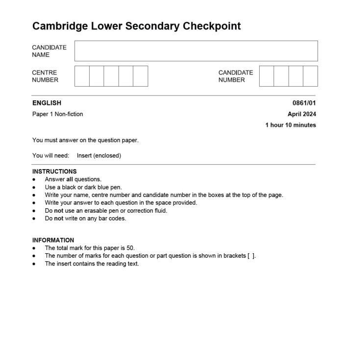

[Hardcopy] Cambridge Lower Secondary Checkpoint English April 2024