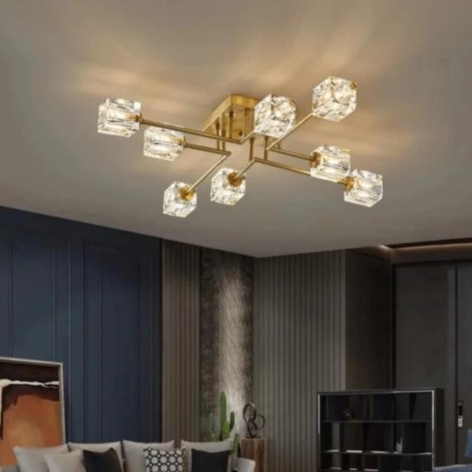LAMPU GANTUNG PLAFON MINIMALIS CRYSTAL GOLD HIAS RUANG TAMU