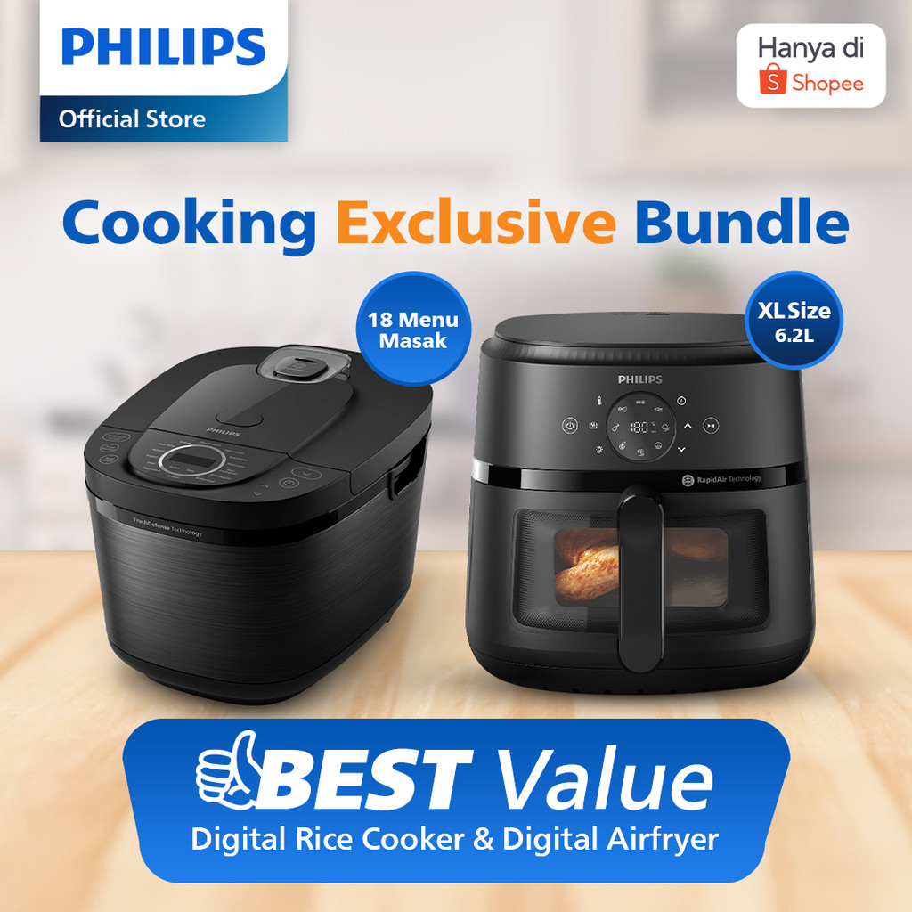 [Bundling] Philips Digital Rice Cooker 18 Menu HD4812/31 Hitam + Philips Airfryer Low Watt XL 6.2 L 