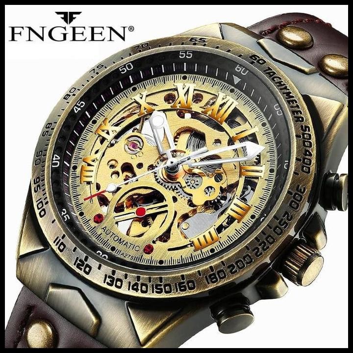Terlaris Fn-043 | Fngeen Automatic Jam Tangan Pria Mechanical Waterproof Casual Otomatis Kaca Kulit 