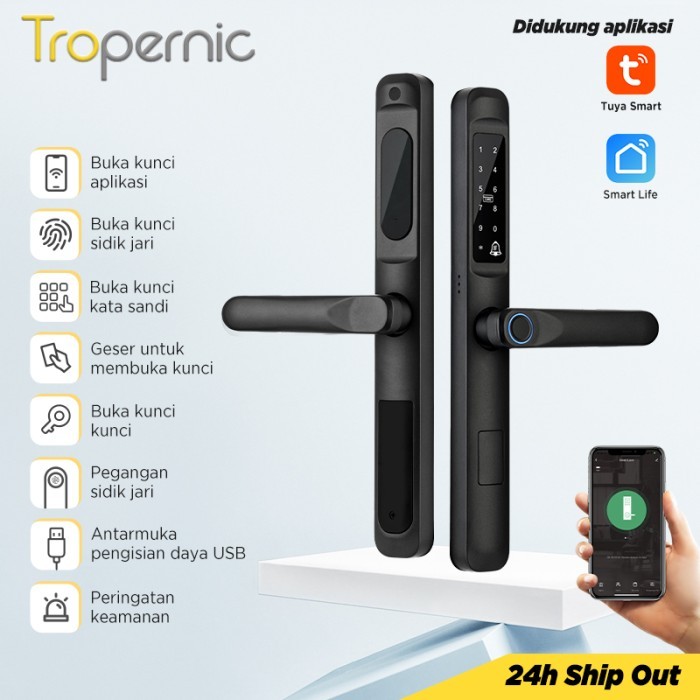 Tuya Smart Door Lock Slim Kunci Pintu Rumah Kunci Pintu Geser Sidik Jari Zinc Alloy Door Lock for