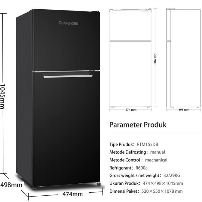 Promo Changhong  Kulkas 2 Pintu Refrigerator Kapasitas 122 Liter - Ftm155Db Black