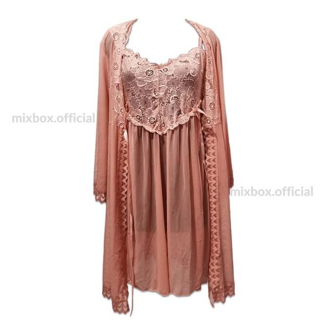 

Kimono 3 In 1 Brukat Lingerie Tidur Wanita Ld 130 4 Belah Samping Terbaru Transparan - Sofia Original