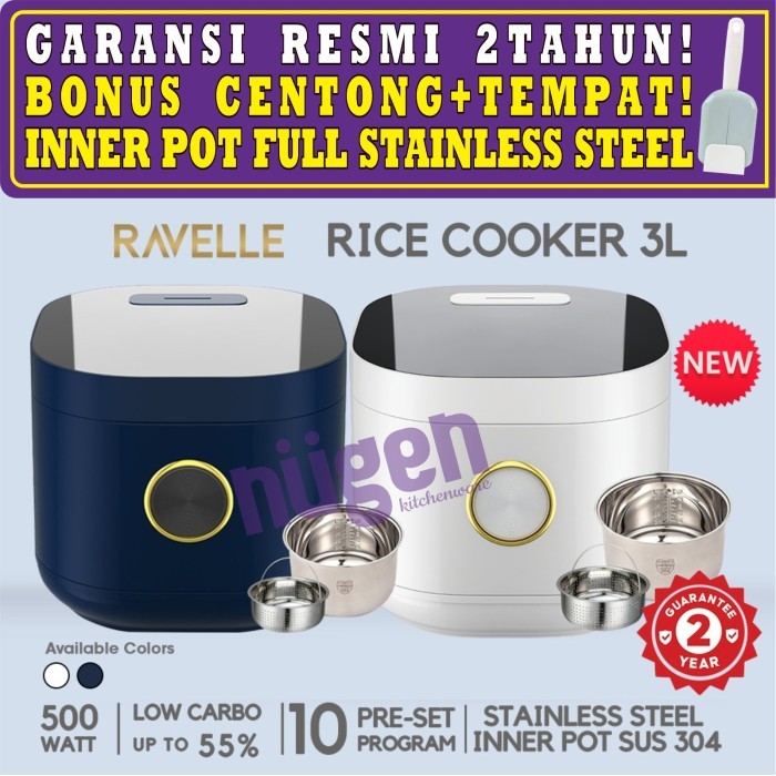 Ravelle Rice Cooker Digital Low Carbo 3 Liter 3L FULL STAINLESS