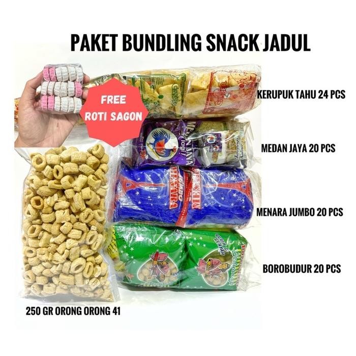 

PAKET BUNDLING SNACK JADUL (BOROBUDUR, MENARA, MEDAN JAYA, KERUPUK TAHU & 250GR ORONG ORONG)