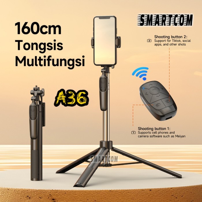 SMARTCOM A36 160CM Tongsis Bluetooth Selfie Stick Tripod with Remote