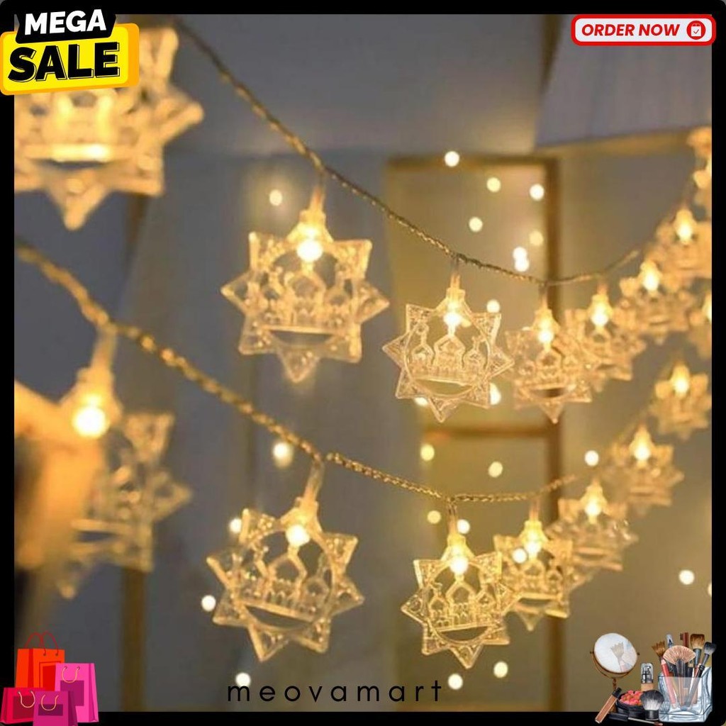 (Free Baterai) Lampu Tirai Bulan Bintang 3 Meter 20 Led Lampu Hiasan Lentera Ramadan Lampu Tumblr De