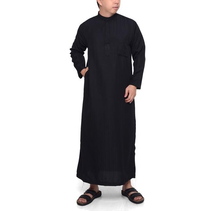 Jubah Gamis Pria Saudi Hitam Polos Lengan Panjang Premium