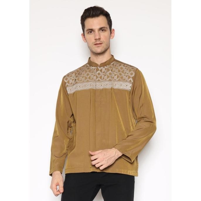 Larusso Kemeja Koko Bordir Lengan Panjang Pria  - Khaki