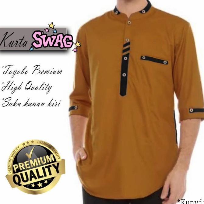Baju Kurta Hafia Koko Pria Lengan 3/4 Warna Kuning Mustard Kunyit