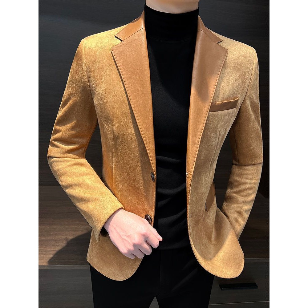 Setelan Suede Pria Berkualitas Tinggi Setelan Blazer Patchwork Tingkat Tinggi