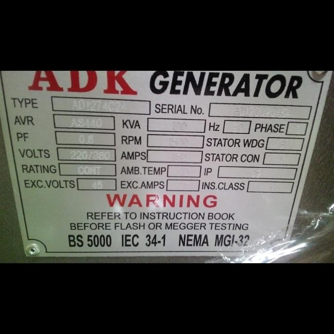 GENERATOR ADK 100KVA / 100 KVA 80KW DOUBLE BEARING TYPE ADI274C