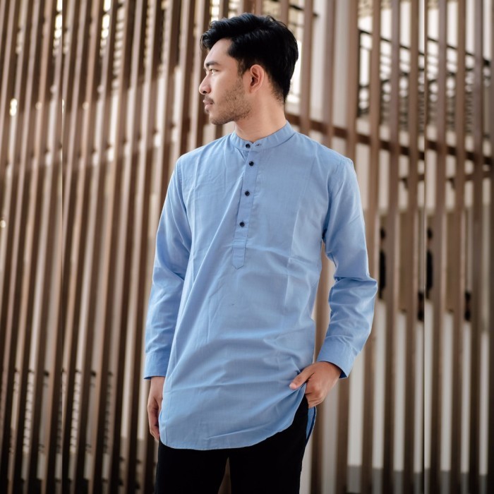 Baju Koko Kurta Pria Lengan Panjang Hitam Black ada Big Size Jumbo - - Biru Muda, M