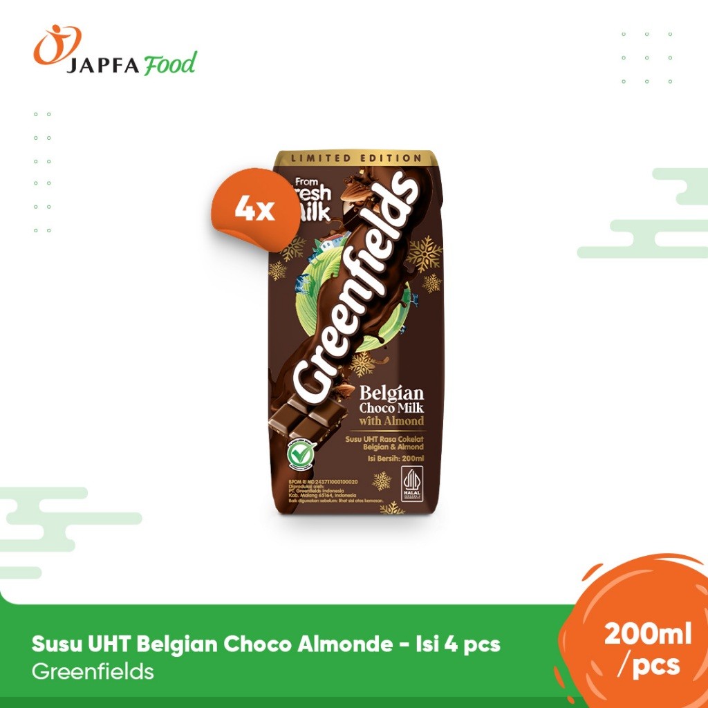 

Greenfields Susu UHT Belgian Choco Almond 200ml - Isi 4 pcs - 100% Fresh Milk dari Greenfields Farm