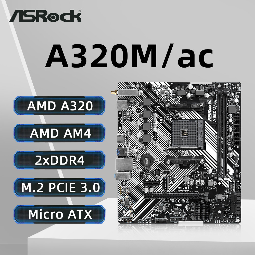 AQS ASROCK A320M/AC Motherboard Support AMD Ryzen 5 5600 Ryzen 7 5700X3D DDR4 3200+(OC) NVME M.2 Int