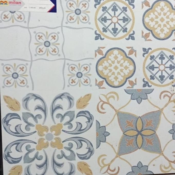 KERAMIK LANTAI 50X50 MOTIF BATIK HABITAT CUTTING GRANIT SANTORINI CAFE GOL