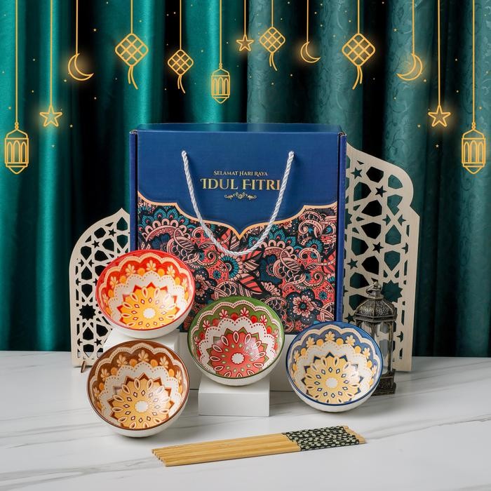 

New! Aveline Mangkok Eid Hampers Set Souvenir Premium Peralatan Makan Porselen Keramik Gift Lebaran Kitchenware Bowl Kado Hari raya Idul Fitri - 4 Eid Biru BA Lebaran