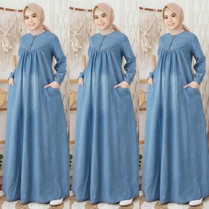 Ambi Dress Jeans Kekinian 2022 # Dress Maxi Wanita Muslim # Gamis Denim Jumbo # Cod