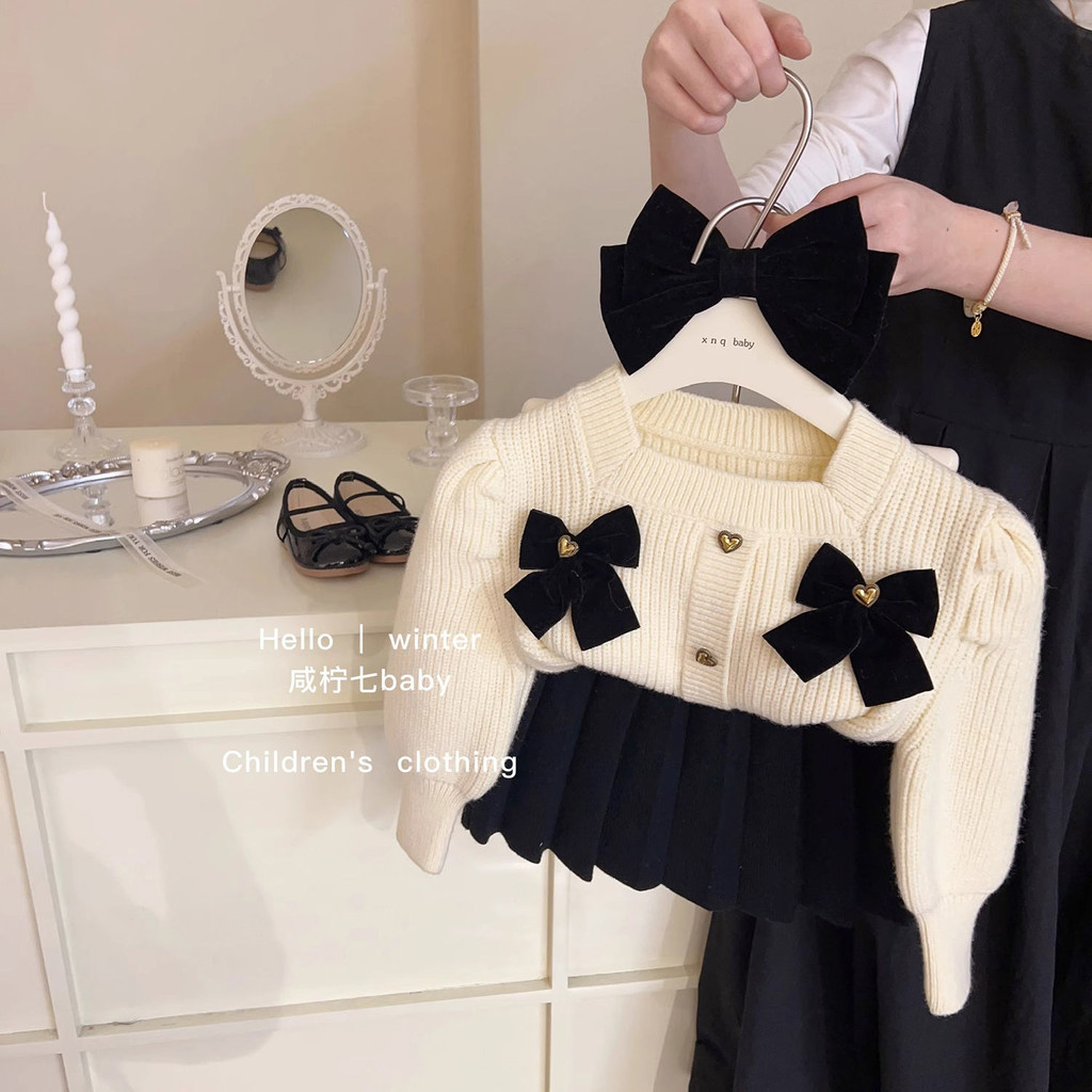 Rok Cardigan Rajut Gaya Chanel Kecil untuk Gadis Bayi Rok Pendek Sweater Pita2025