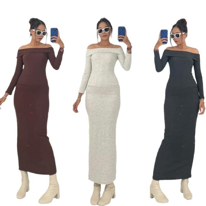 SOPHIA Sabrina Longdress Casual lengan panjang Bodycon / Gaun Hitam long dress maxi