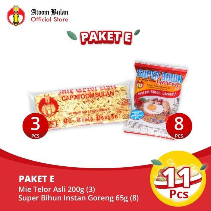 

Paket E - Mie Telor Asli (3 pcs) + Super Bihun Goreng (8 pcs)