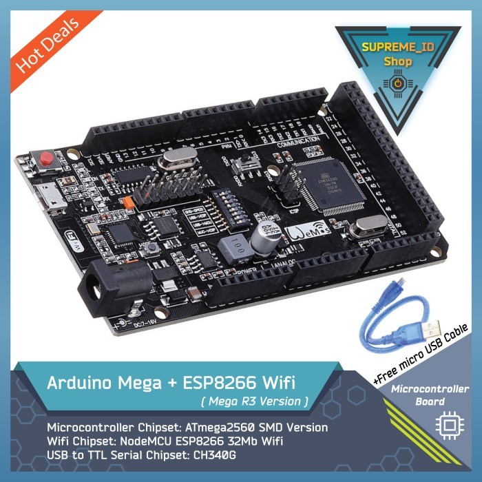 Arduino Mega 2560 R3 + ESP8266 Wifi + Micro USB Cable IoT