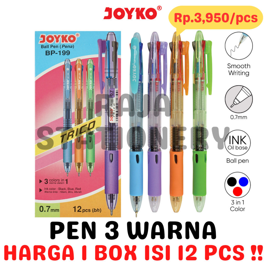 

JOYKO BALL PEN 3 COLOURS BLACK BLUE RED BOLPEN PULPEN 3 WARNA HITAM BIRU MERAH JOYKO BP-199 [12PCS] RAJA BIG BOX