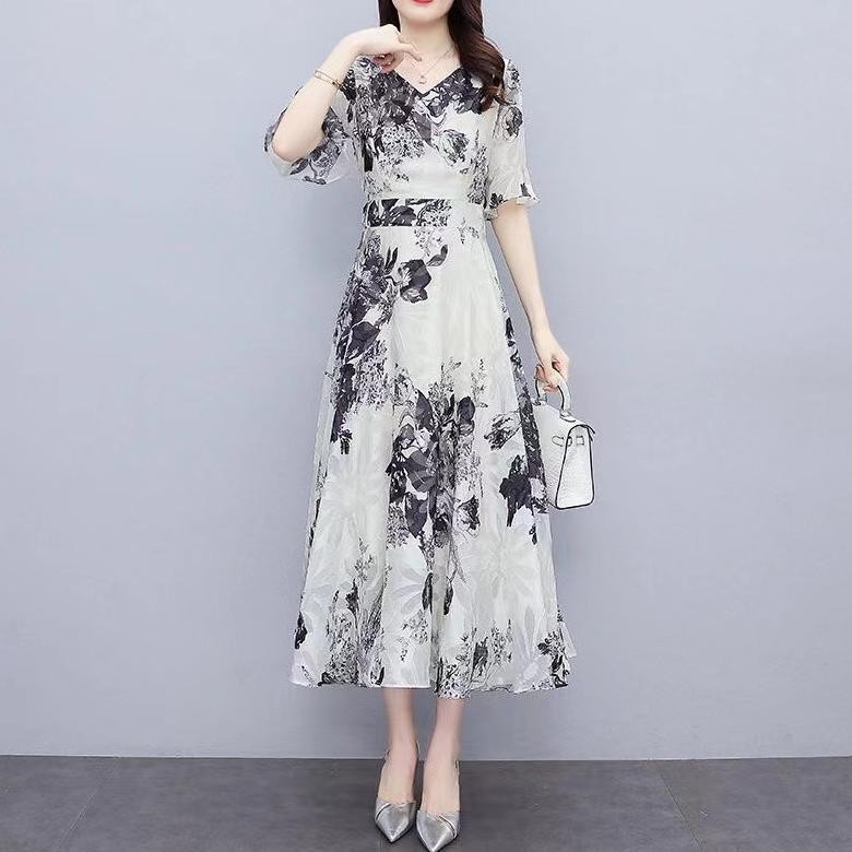 Gaun Panjang Bunga Leher -Sifon Sifon Korea Baru/Long Dress Korea