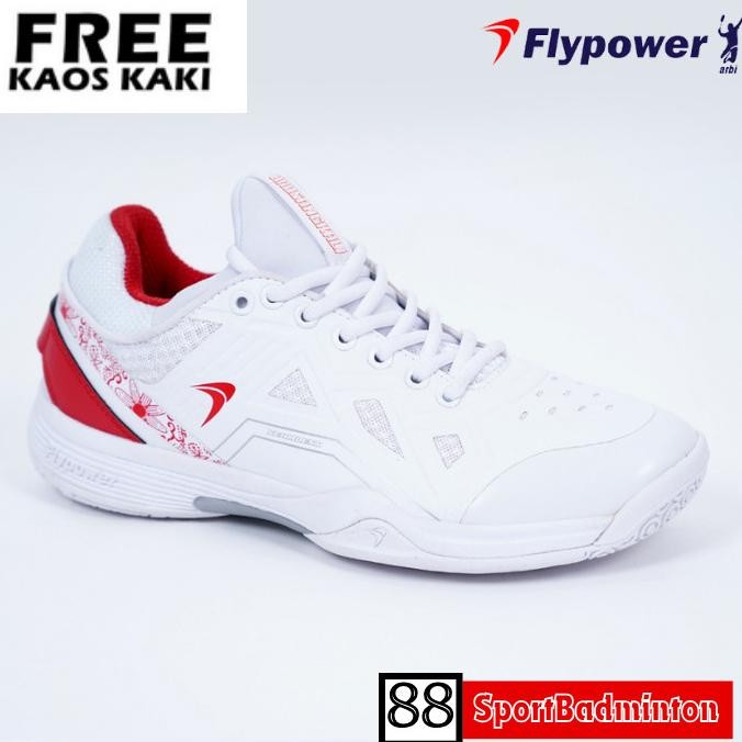 TERBARU - Flypower HRUSANGKALI OlYMPIC White Red - Sepatu Badminton Original Flypower