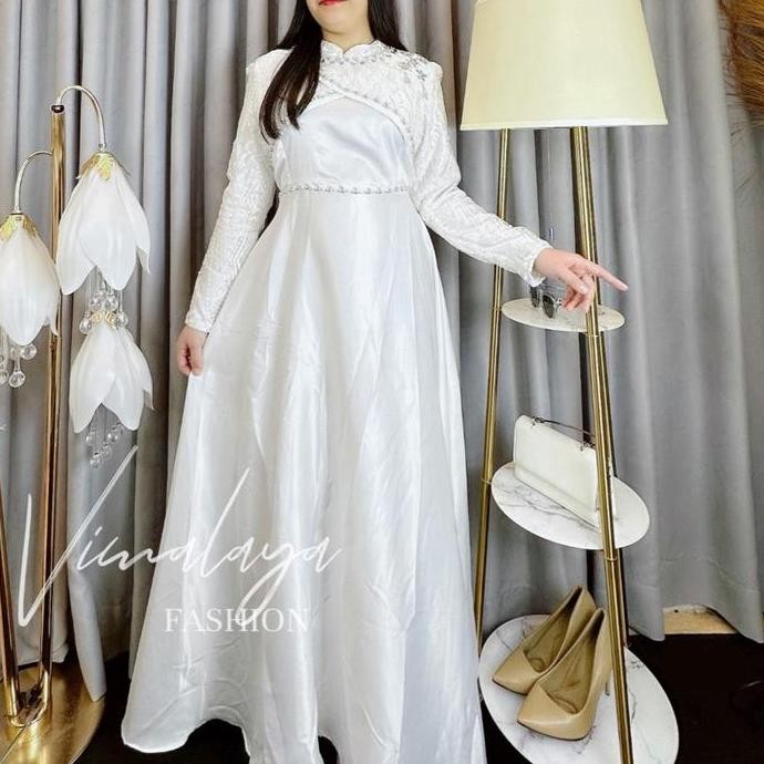 New Gamis Putih Polos Satin Kombinasi Tile Bordir 76651 Baju Muslim Vima Lebaran Pengiriman Cepat