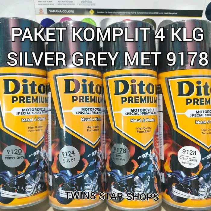 Diton Premium Paket Lengkap 4 Kaleng 400cc Silver Grey Met 9178 Abu-abu Metalic Metalik Primer Grey