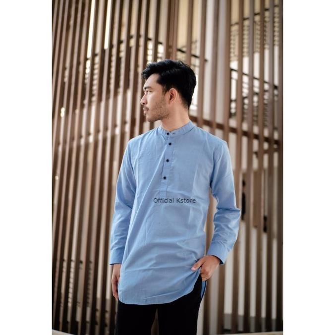 Baju Koko Kurta Lengan Panjang Warna Biru Muda Biru Laut Ada Big Size. Pengiriman Cepat