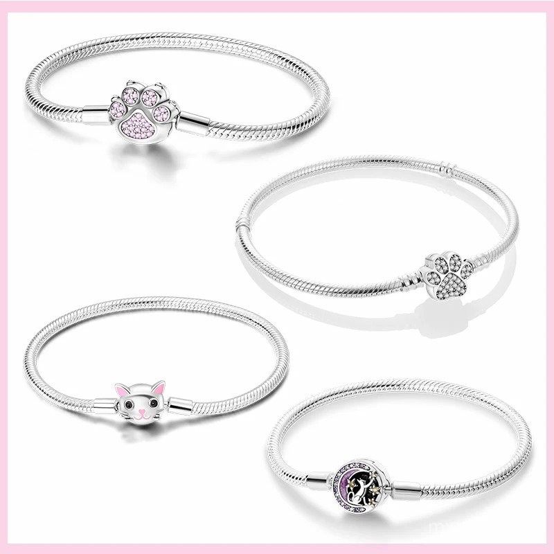 925 Sterling Silver Cat Paw Bracelet Original Dog Footprint Basic Chain Pink Zircon Charm Bracelets 