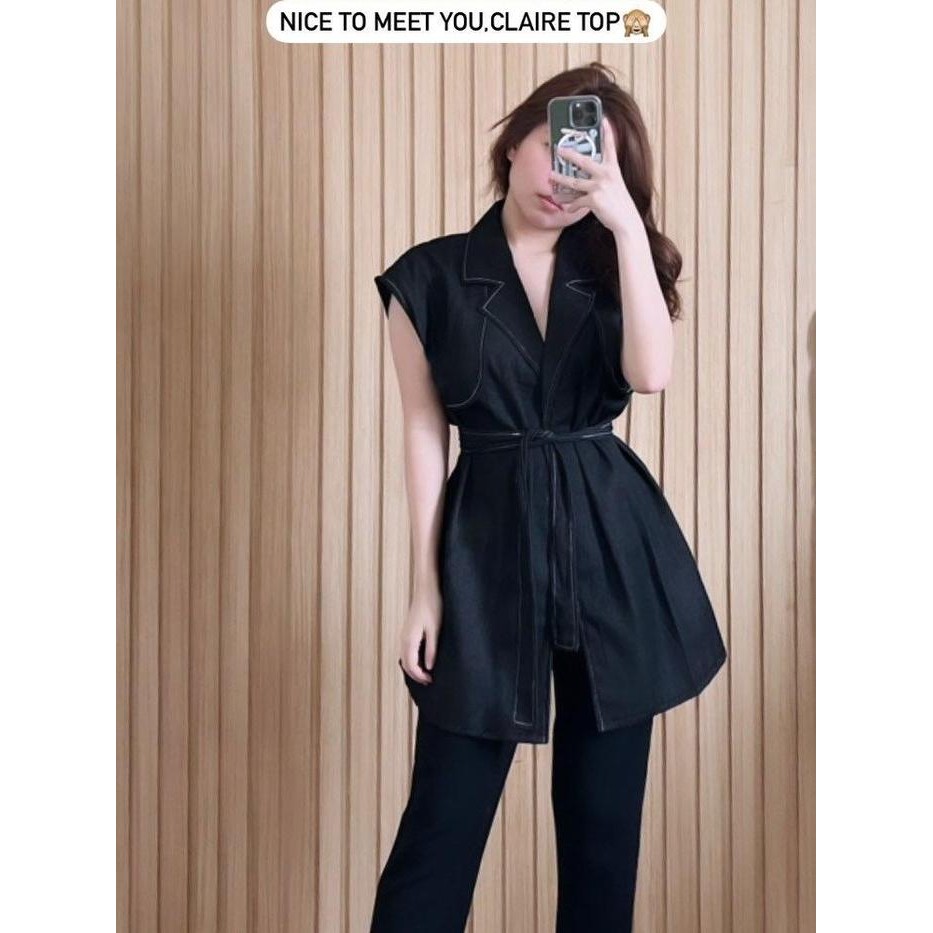 Atasan Kerja Wanita Claire Top Modenica - Vest Denim Baju Denim Wanita Hitam Navy Premium Top Wanita