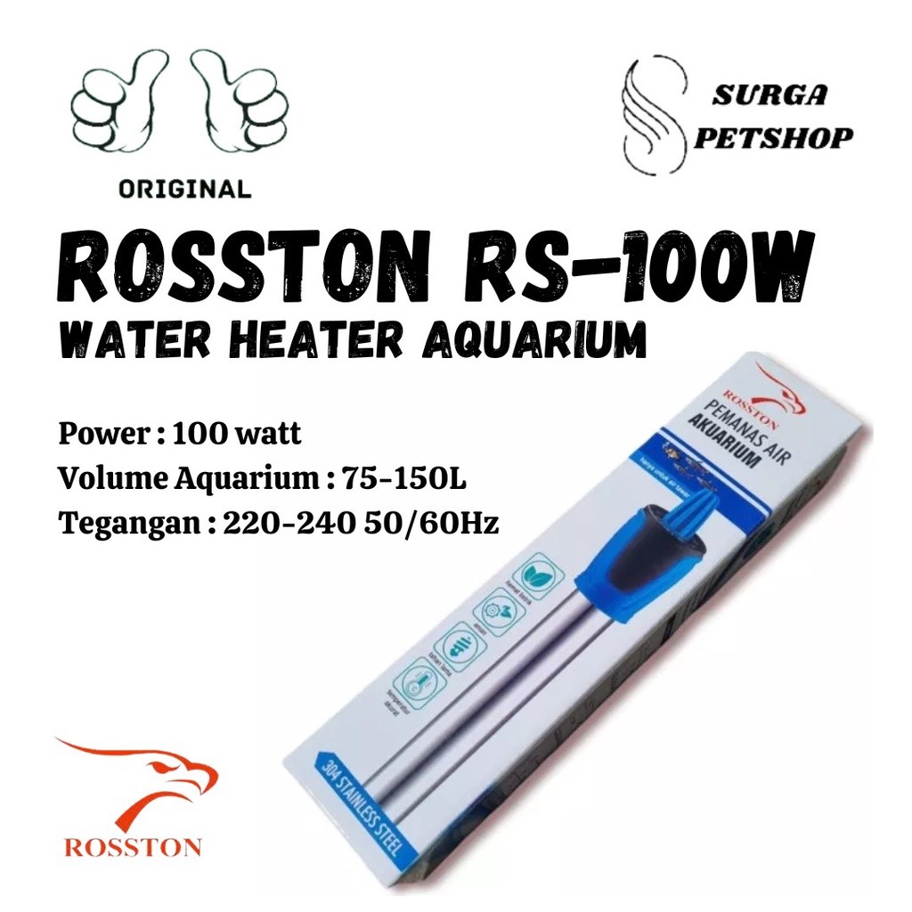 ROSSTON RS 100W Water Heater Aquarium Penghangat Air Stainless Steel RS100W Akuarium Kolam Ikan Pema
