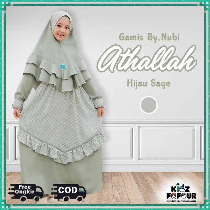 Gamis Athallah Hijau Sage Baju Muslim Anak Remaja Perempuan Ori Nubi Berkualitas