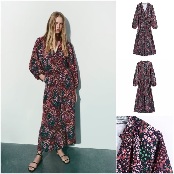 Jumpsuit Panjang Maxi Pesta Wanita Merah Motif Bunga V Neck Lengan Pan
