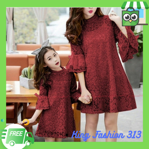 Baju Couple Ibu Dan Anak Perempuan Lacey Gaun Pesta Brukat Furing